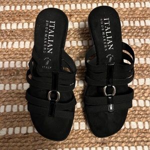 Italian Shoemakers Comfy Strappy Wedge Sandals, Black w/Silver Hardware, Size 7